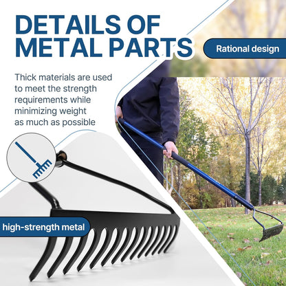 WIKER 14 Tine Metal Garden Rake 57 Inch Heavy Duty Lawn and Soil Leveling Rake with Fiberglass Handle Anti Rust Coating for Gardening Mulch Gravel and Leaf Cleanup