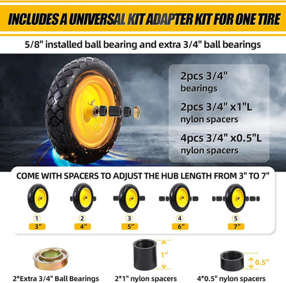 MZREXN 4.80/4.00-8" Flat Free Tire and Wheel 15" Solid Wheelbarrow Tires 3.00-4.00/4.80-8" with 5/8" & 3/4" Bearings, 3" Centered Hub for Hand Truck Garden Trailers Utility Cart Yard Wagon 2PCS Yellow