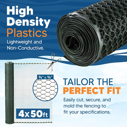 Plastic Hex Chicken Wire Mesh Garden Fence Roll (4' x 50' - Green) - Versatile Poultry Netting and Garden Fence for Temporary or Semi-Permanent Enclosures, Deer Fencing, and Construction Barriers