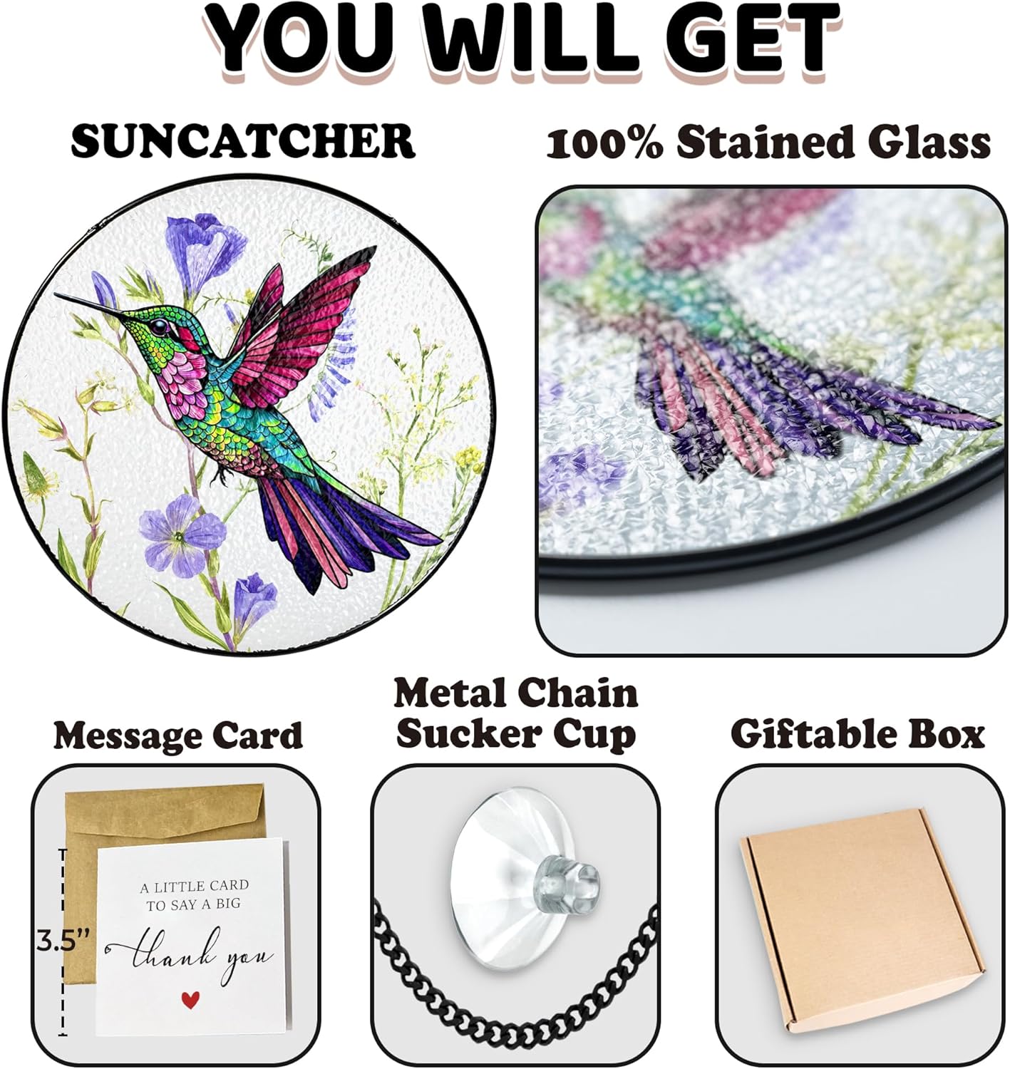 7.8" Hummingbird Stained Glass Suncatcher, Bird Suncatcher for Window Hanging, Art Decor for Home Garden Housewarming, Gift for Mom, Grandma, Women, Friend, Bird Lover BIRD-19B-SG8