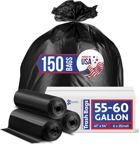 55-60 Gallon Trash Bags Heavy Duty - Bulk 150 Pack Large Garbage Bags - Big Black Commercial Trash