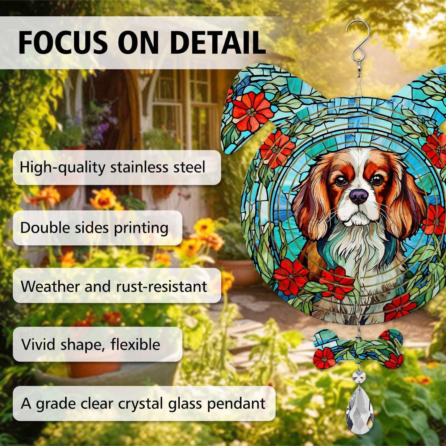 Cavalier King Dog Ears Wind Spinner, Cavalier King Wind Spinner Hanging for Yard and Garden