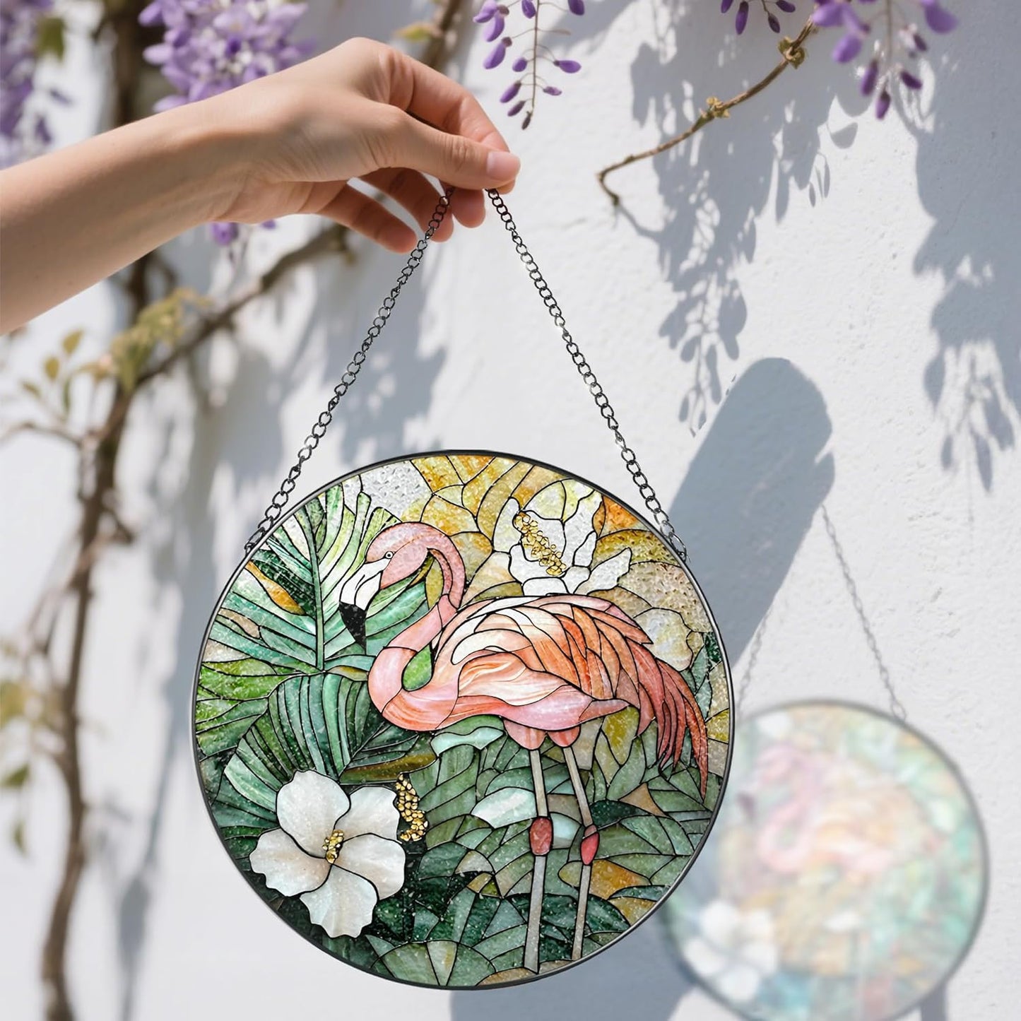 8″ Stained Glass Window Hanging Ornament, Flamingo Stained Glass Suncatcher Ornament, Sun-Catcher Window Decor | Housewarming & Birthday Gifts, Festival Gift | Gifts for Flamingo Lovers