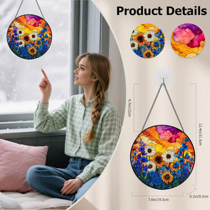 Stained Glass Window Hanging, Daisy Suncatcher for Doors Home Sun Catchers Decoration, Mother's Day Birthday Gifts for Women, Men, and Mom (Wildflowers)
