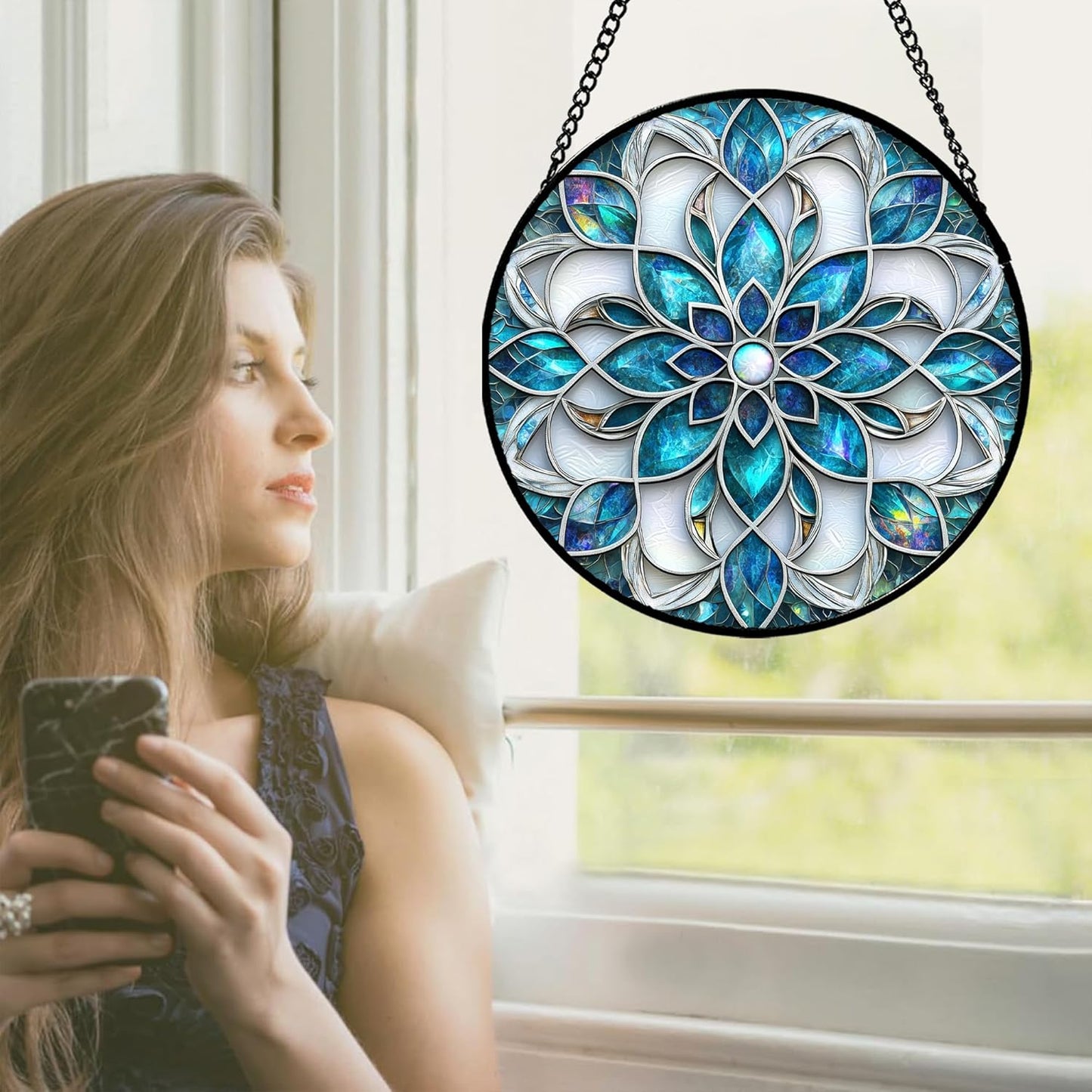 Stained Glass Window Hanging - Blue White Abstract Flowers Suncatcher for Door Terrace Garden Home Decor Boho Sun Catcher Birthday Gifts for Lovers Women Men Dad Mom Nana 9.8 in