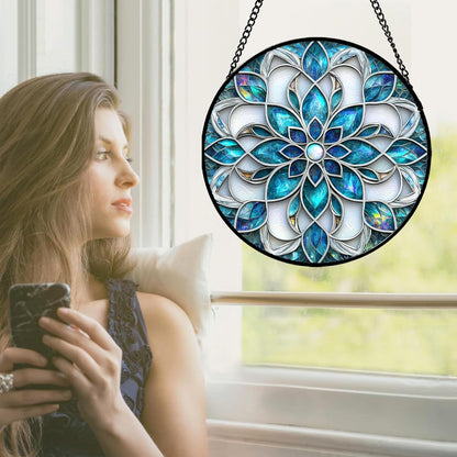 Stained Glass Window Hanging - Blue White Abstract Flowers Suncatcher for Door Terrace Garden Home Decor Boho Sun Catcher Birthday Gifts for Lovers Women Men Dad Mom Nana 15 in