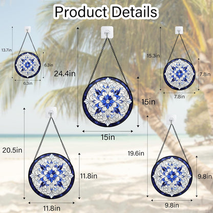 Stained Glass Window Hanging - Blue White Boho Flower Suncatcher for Door Garden Yard Sun Catchers Decor Christmas Mother's Day Birthday Gifts for Women Mom Nana Friend Teacher 6.3 in