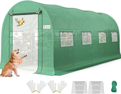 KING BIRD Premium 15x6.6x6.6FT Greenhouse for Outdoors, Large Walk-in Upgraded Galvanized Metal Frame, Mesh Door Screen Window Improved Zipper Tunnel Hoop for Garden Plant Winter, Green