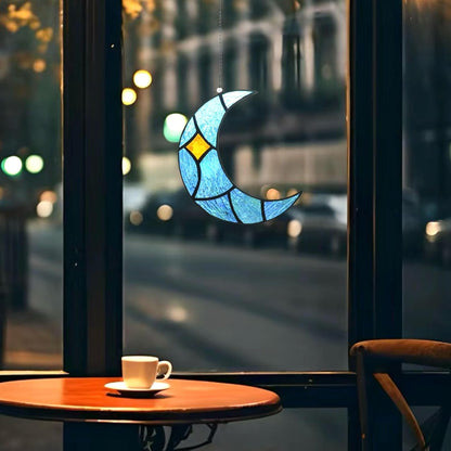Moon Stained Glass Window Hanging Suncatchers，Handcrafted Art Glass Crescent Moon Decorations Indoor Window Gift for Women, Christmas,Thanksgiving (Blue)