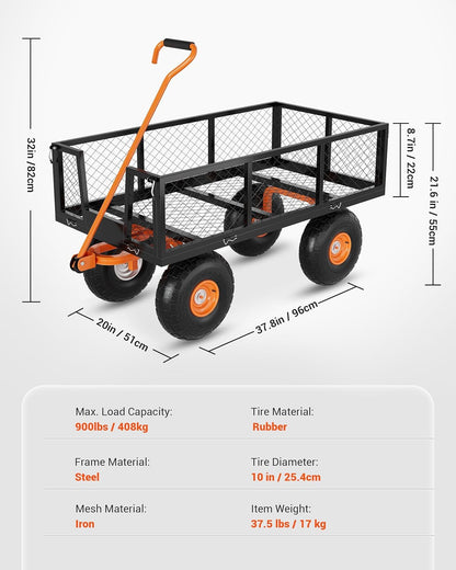 GarveeLife Heavy Duty Steel Garden Cart, 900 LBS Capacity 3 in 1 Pullable Garden Wagon with 10 in Wheels, for Gardening Soil, Tools, and Plant Transport