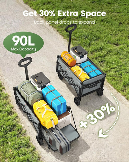 Small Wagon Cart Foldable, Collapsible Wagon with 360 LBS Max Load & Expandable Storage, 90L Foldable Grocery Cart with 2 Cup Holders for Outdoor, Garden, Camping &Groceries-Grey