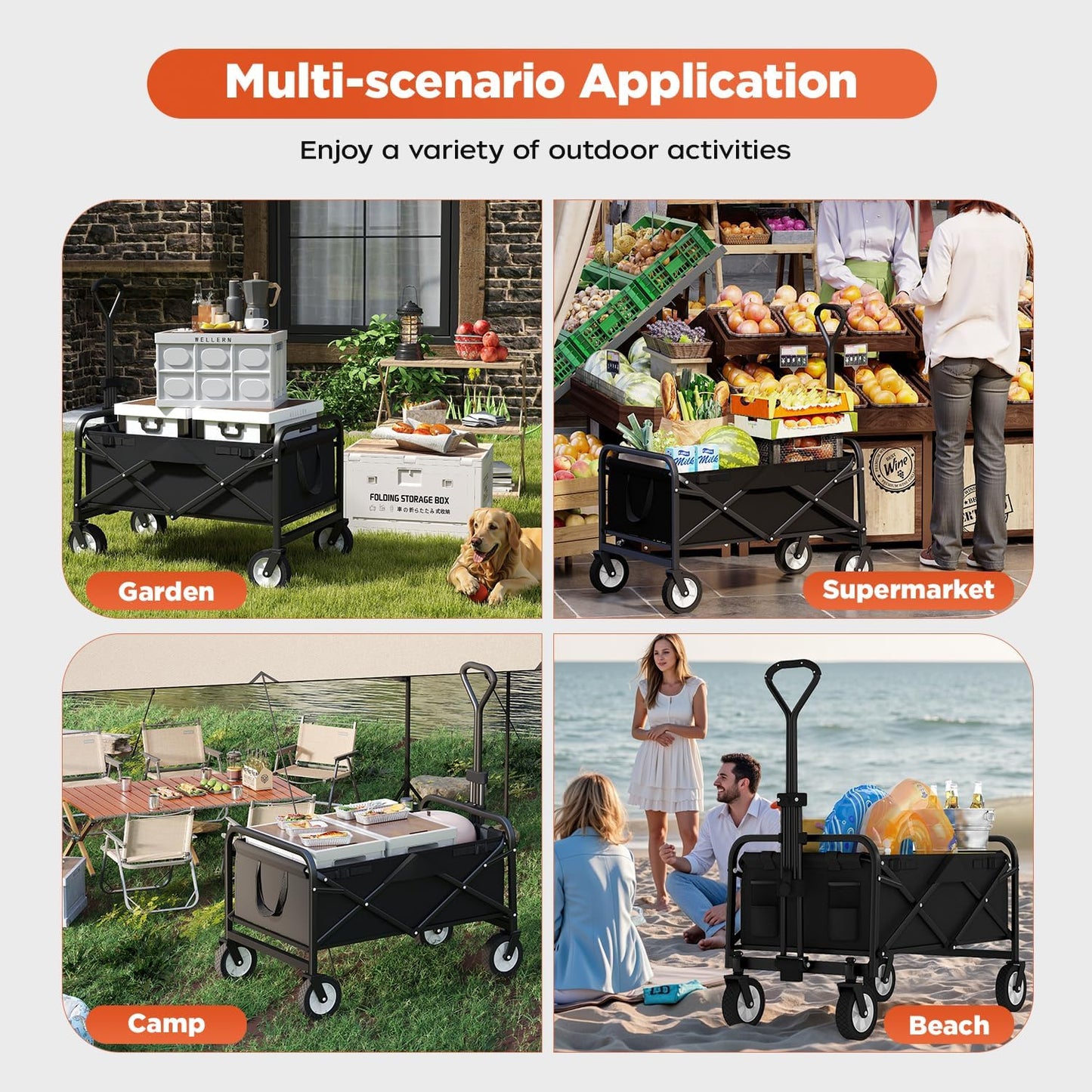 PayLessHere 38" Collapsible Wagon Folding Foldable Garden Cart with Large Capacity, 330 LBS Capacity Portable Utility Wagon Cart Heavy Duty for Beach Camping Shopping Garden,Black