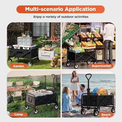 PayLessHere 38" Collapsible Wagon Folding Foldable Garden Cart with Large Capacity, 330 LBS Capacity Portable Utility Wagon Cart Heavy Duty for Beach Camping Shopping Garden,Black