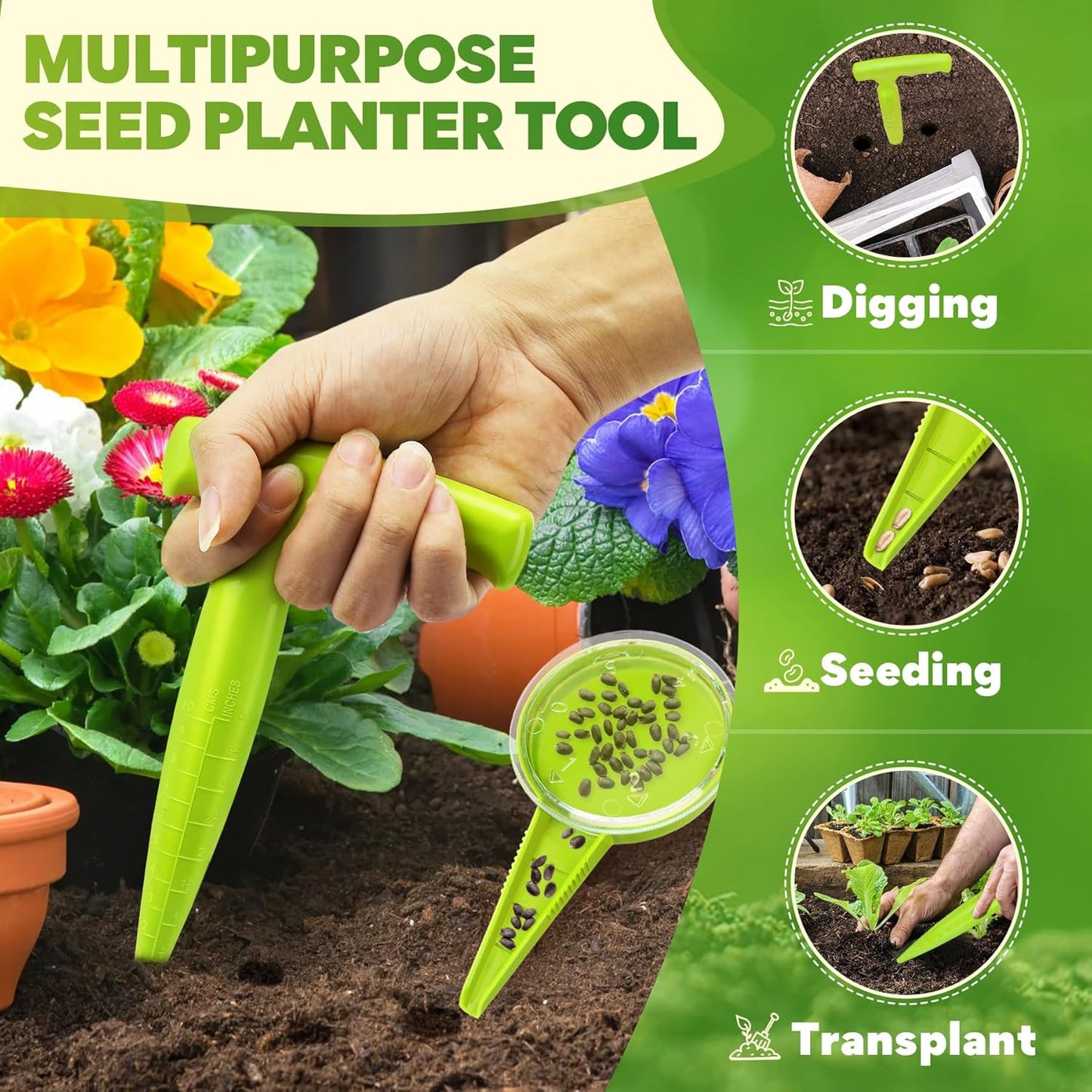 Seed Planter Tool, 6.9" Dibber Garden Tool, Plastic Dibbler Tools for Planting, Seed Dispenser, Bulb Digger Garden Planter for Sowing Seeds, Bulbs, Digging (Light Green)