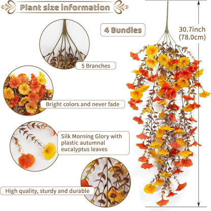 4 Pack Fall Artificial Faux Hanging Flowers Plant for Outdoor, Autumn Fake Silk Morning Glory with Eucalyptus UV Resistant Realistic Trailing Vine for Wall Home Porch Patio Balcony Yard Indoor Decor