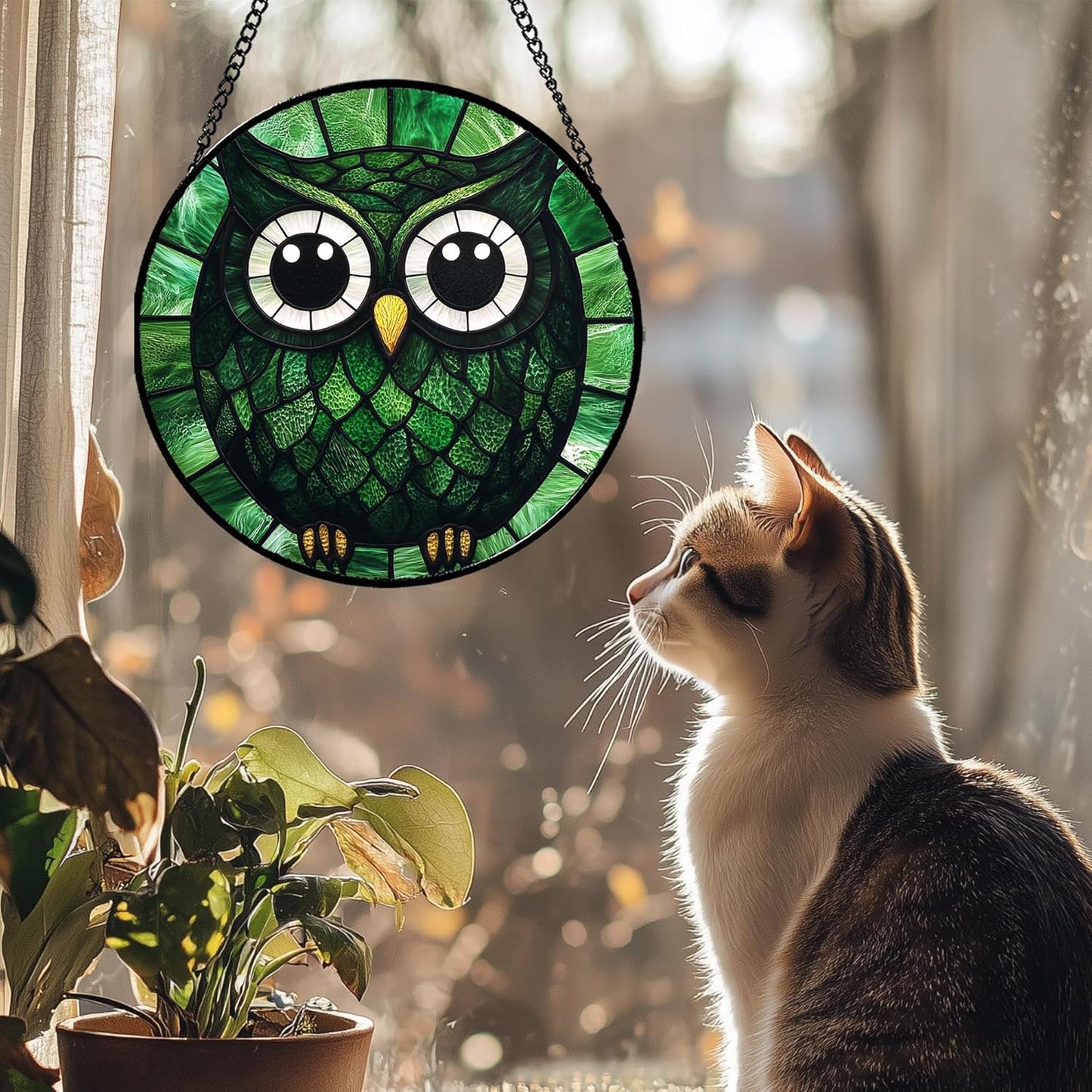 Stained Glass Window Hanging - Green Owl Suncatcher for Doors Garden Patio Funny Bird Sun Catchers Decor Christmas Mother's Day Birthday Teenager Gifts for Women Men Mom Nana Friend 15 in