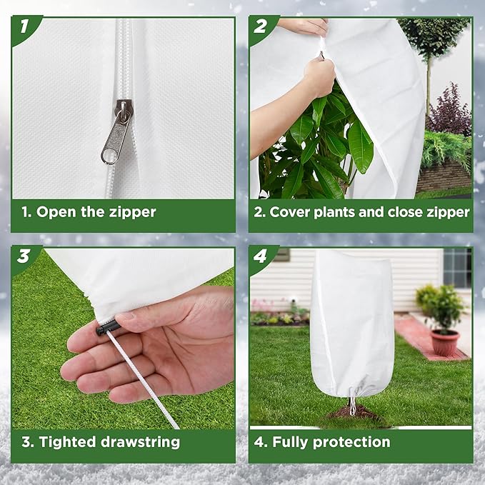 IPOW 2PCS Plant Covers for Winter 3.17oz/yd² Thicken Plant Covers Freeze Protection, Reusable Tree Frost Protection Covers Shrub Jacket Bag with Zipper &Drawstring for Outdoor Plants(39.4'' x 47.3")