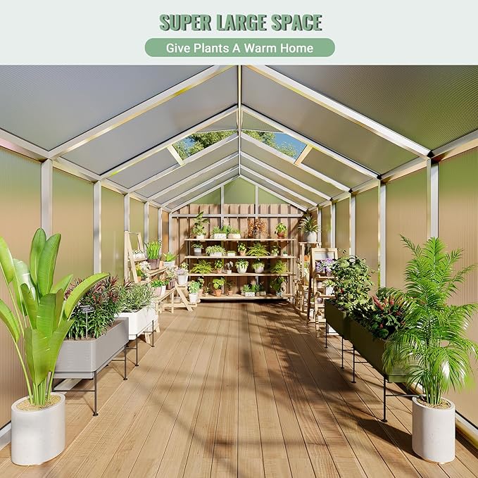8x12 FT Greenhouse, Easy Assembly Aluminum Polycarbonate Greenhouses for Outdoors with Roof Vent, Large Aluminum Walk-in Greenhouse for Sunroom Patio, Backyard, Garden, Sliding Lockable Door, Silver