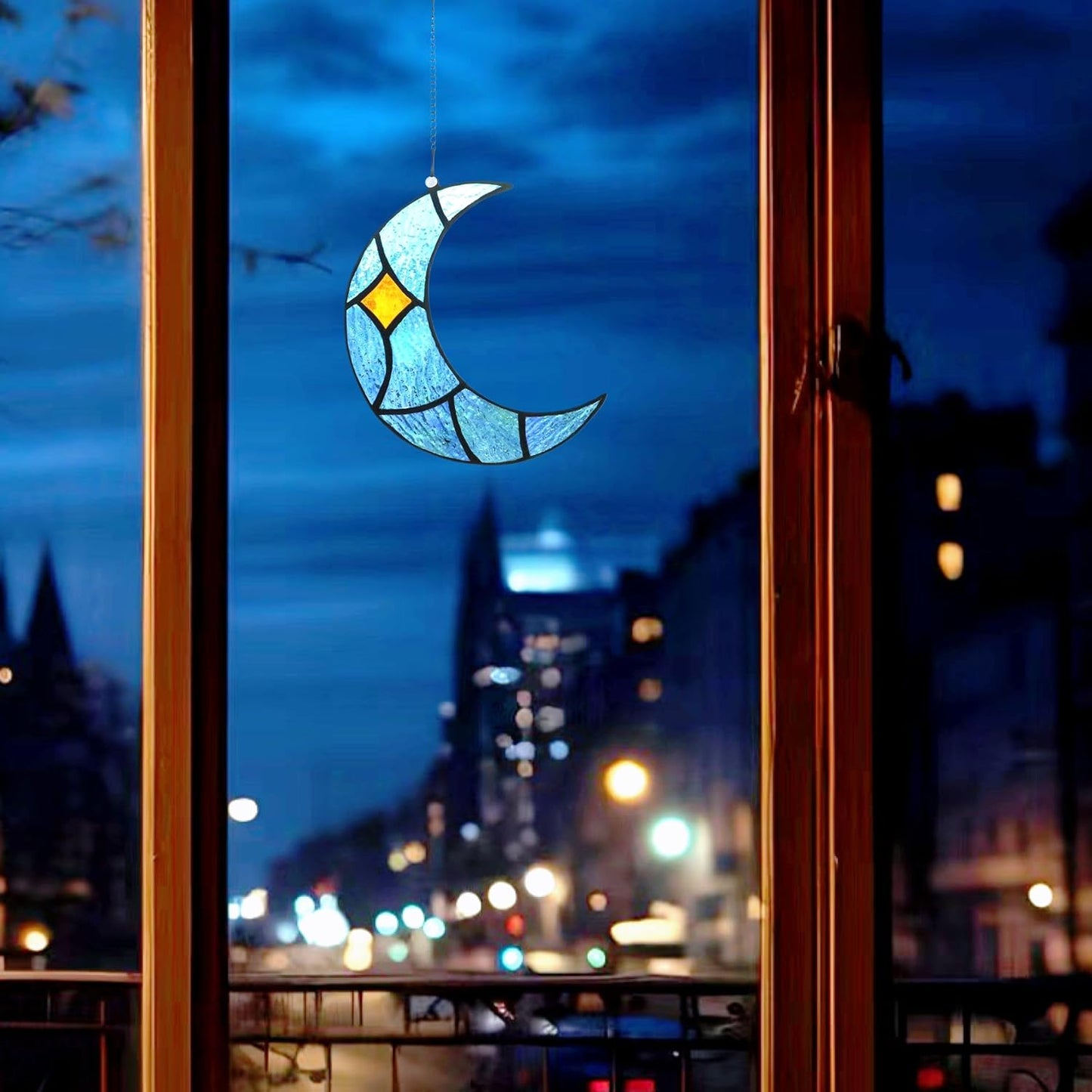 Moon Stained Glass Window Hanging Suncatchers，Handcrafted Art Glass Crescent Moon Decorations Indoor Window Gift for Women, Christmas,Thanksgiving (Blue)