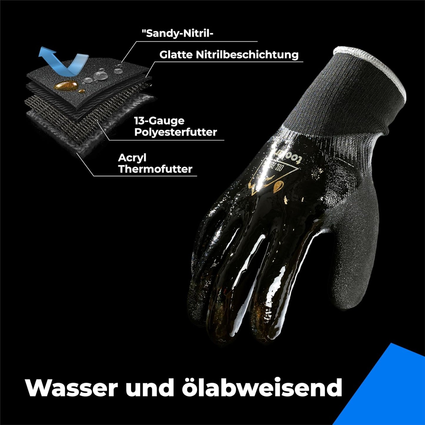 Waterproof Gloves Bulk Pack for Men and Women, 3 Pairs, Freezer Gloves with Grip, Double Nitrile Dipped for Extreme Oil Repellent, for Construction, Mechanics, Mining, Plumbing, Black, Large