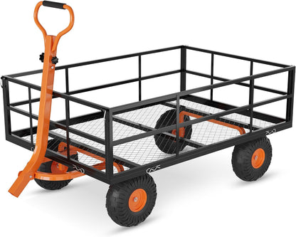 Metal Wagon - 1200lbs Garden Cart with 10" Multi-Terrain Tires, 4 Removable Mesh Sides & 180° Swivel Handle, Yard Wagon Cart for Lawn, Yard, Patio Gardening