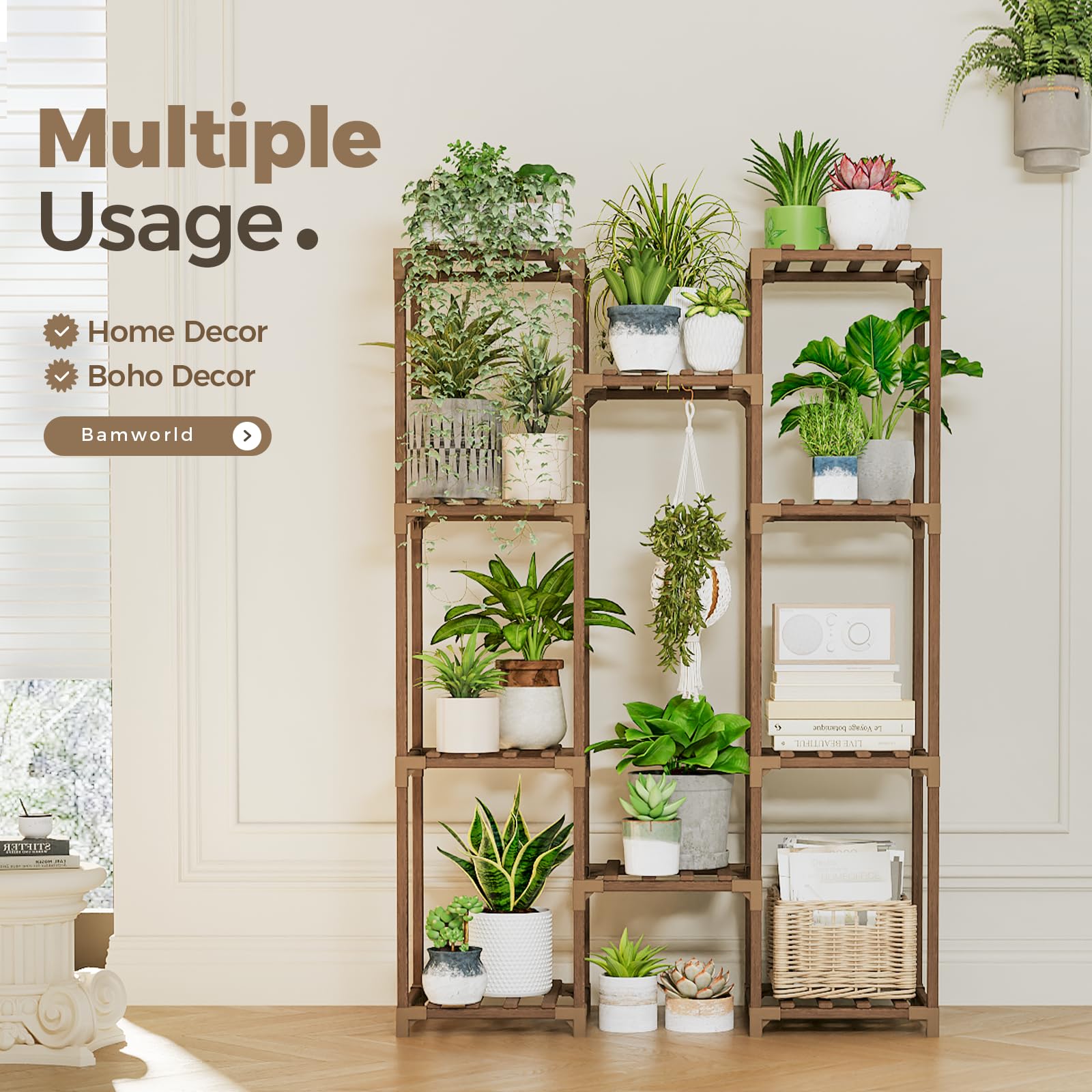Bamworld Plant Stand Indoor Outdoor Tall Plant Shelf for Multiple Plants Pots Wood Flower Stand