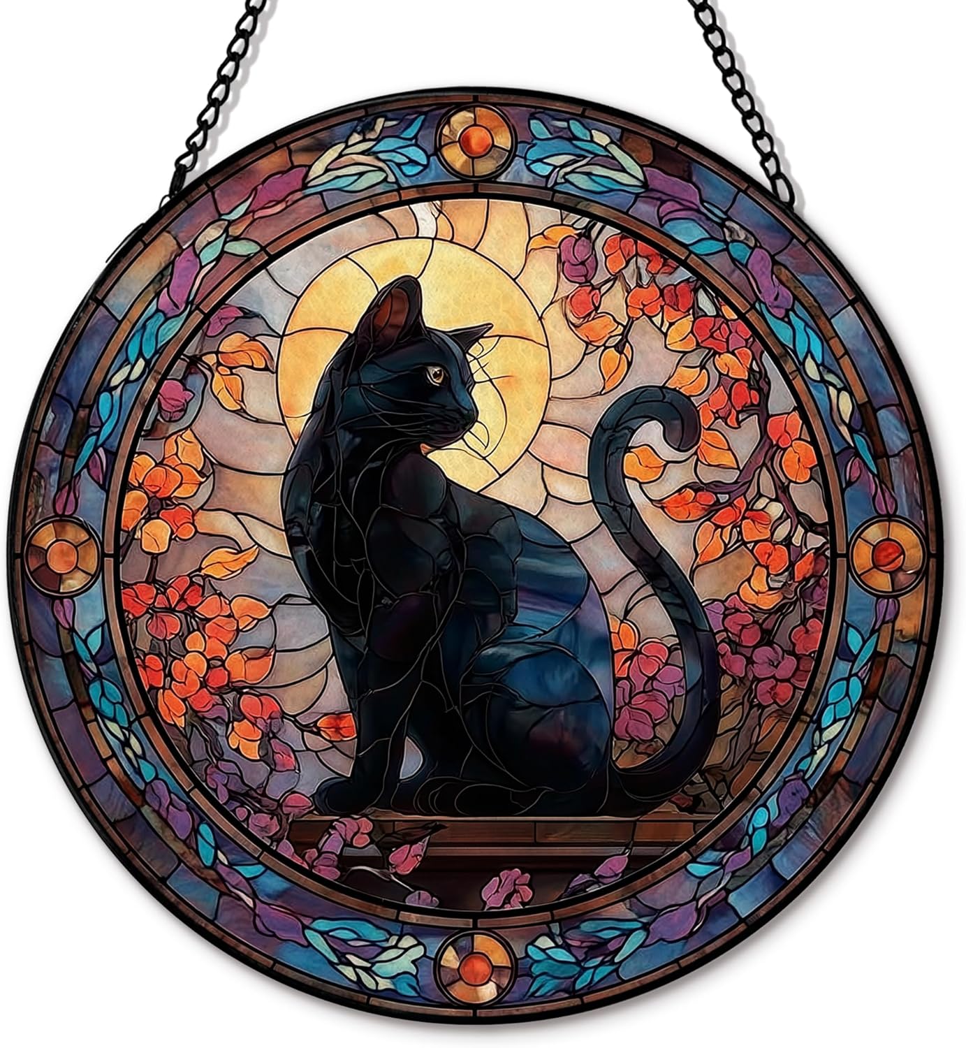 Black Cat Halloween Suncatcher Stained Glass Window Hanging, Gothic Black Cat Flower Sun Catchers Indoor Window Glass Round Wall Decor, Halloween Wall Art Hanging Decorations, ＂7.8x7.8＂