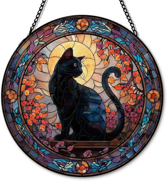Black Cat Halloween Suncatcher Stained Glass Window Hanging, Gothic Black Cat Flower Sun Catchers