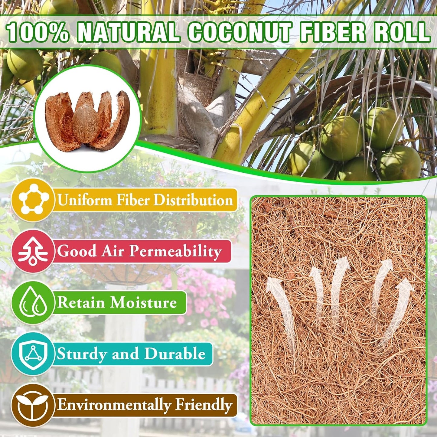 ZeeDix 16 x 80 inches Thickened Coco Liner Roll for Planters- Natural Coconut Flower Basket Liners Coco Coir Mat for Plants Flowers Vegetables Reptiles Carpet