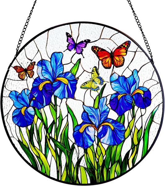 Stained Glass Window Hanging Iris Flower Suncatcher, Renyalora 10 Inch Round Glass Sun Catcher for