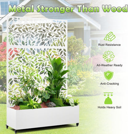 15.7"×70.9"×47.2" Metal Raised Garden Bed with Trellis and Wheels - Tall Trellis Planter Box for Climbing Plants, Vegetables & Vines - Outdoor Privacy Planters for Patio (White)