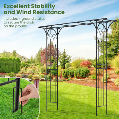 Giantex Metal Garden Arbor with Trellis, 81" Outdoor Arch for Climbing Plants, Heavy-Duty Rust-Resistant Steel Archway with 4 Stakes for Garden, Wedding, Party, and Yard Decoration, Black