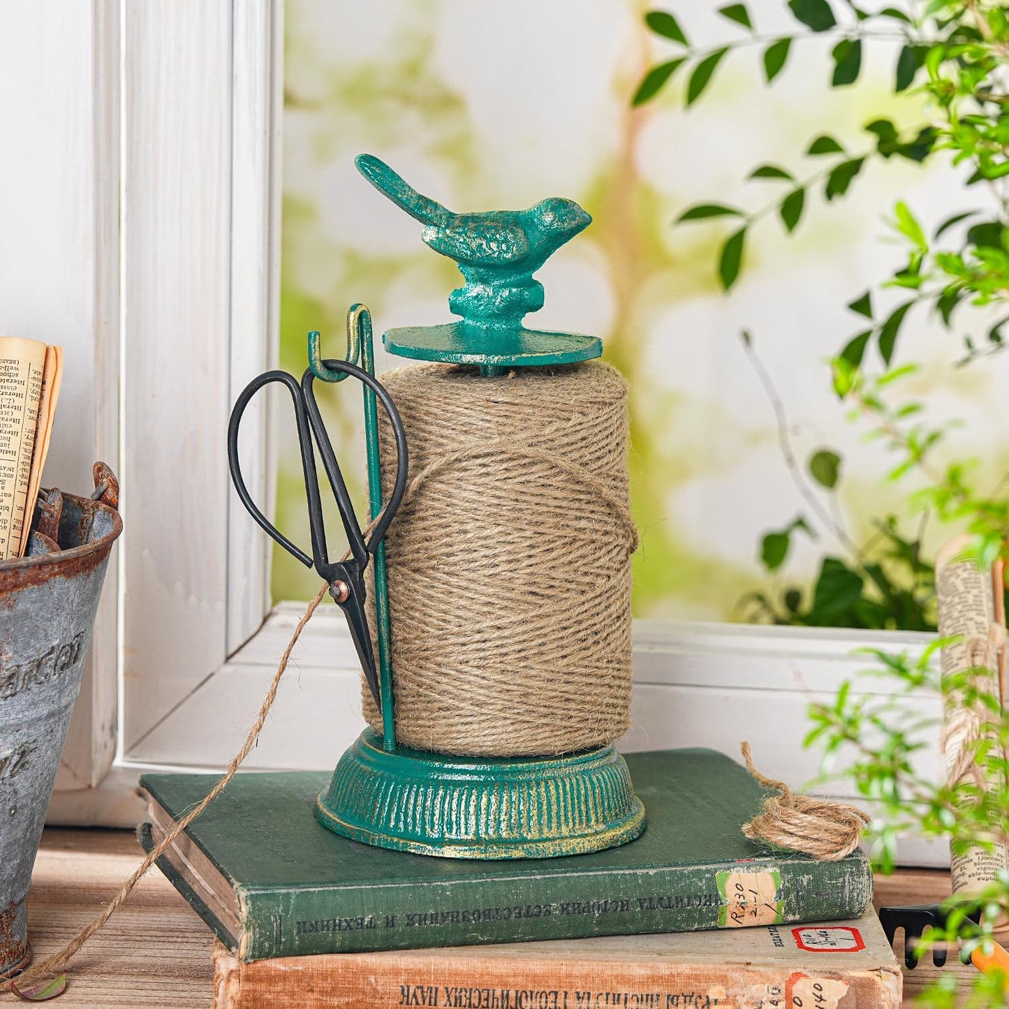 Sungmor Cast Iron Garden Twine Holder Set - 1300ft. Natural Jute Twine String & Rope Rack & Scissors - Decorative & Practical Home Arts Crafts Tools for Picture Display Gift Wrapping Packing Gardening