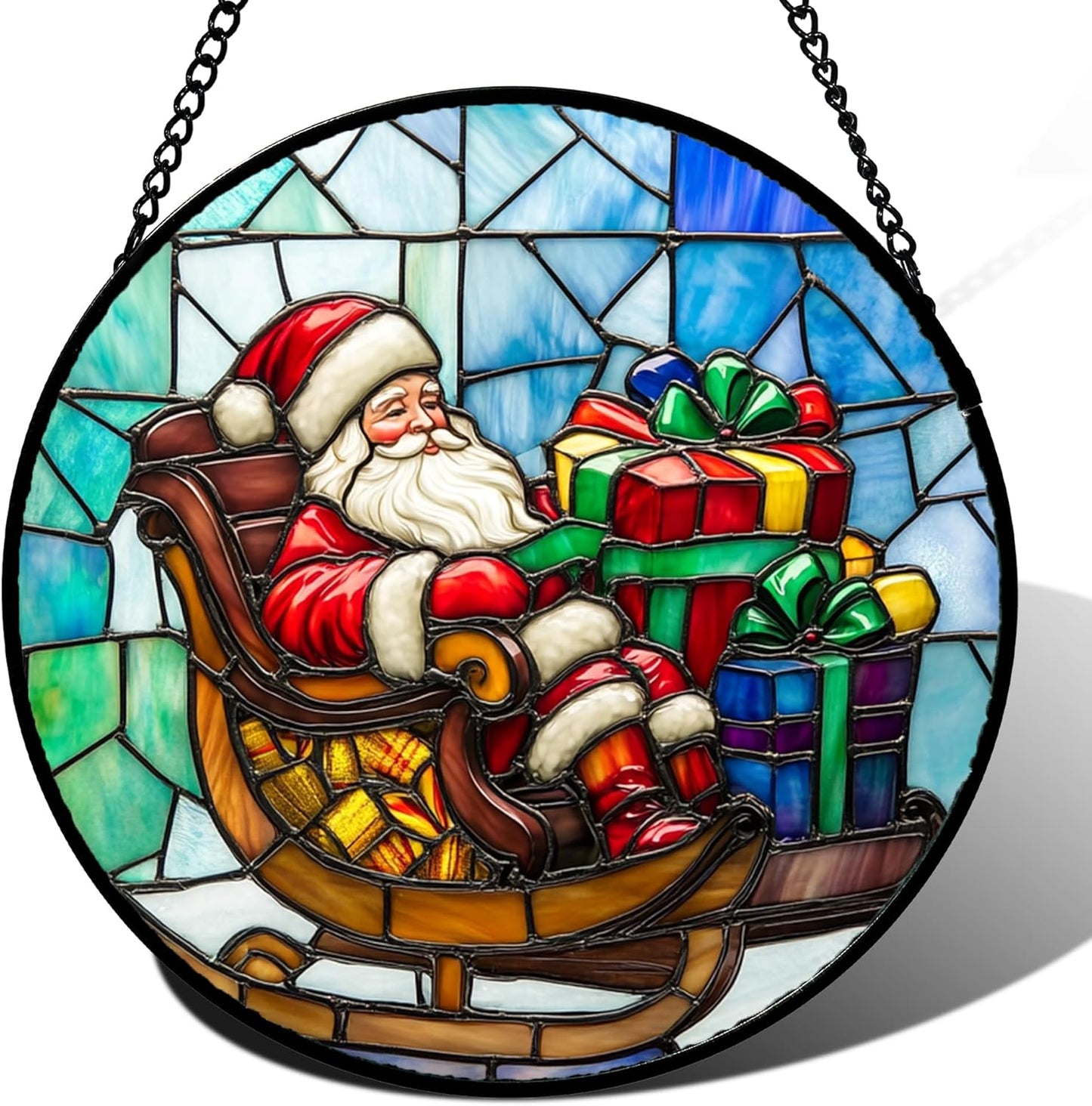 Stained Glass Window Hanging - Santa Claus Gift BoxSuncatcher for Doors Home Christmas Decoration Winter Sun Catcher Thanksgiving New Year Birthday Gift for Women Men Mom Nana 9.8 in