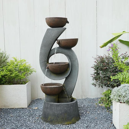 46.8''H Outdoor Water Fountains - 5-Tiered Garden Fountains Outdoor for Patio, Yard, Balcony, Porch, Modern Resin Waterfall Feature for Outside with Light, Cascading Bowl Water Feature Gray