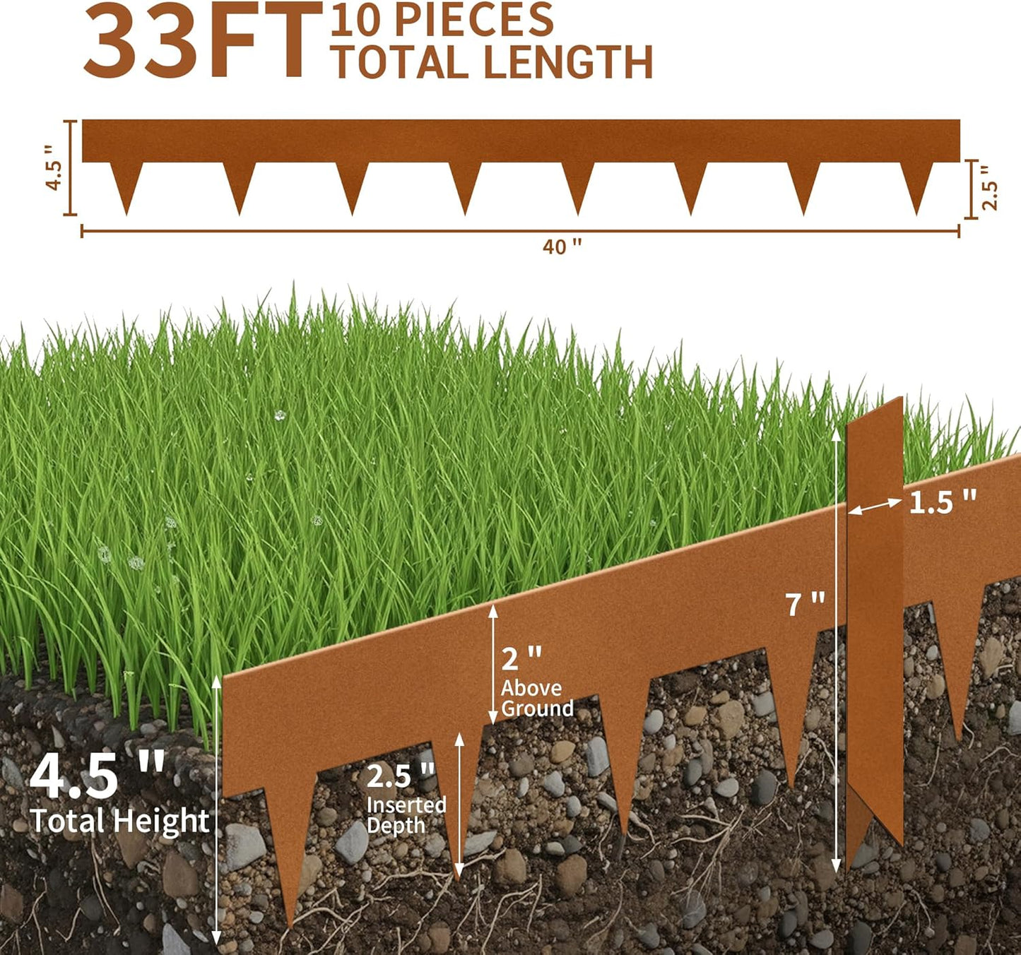 Worth Garden 33ft. Galvanized Steel Landscape Edging - 10-Pack 40" Metal Edging for Landscaping with 11 Stakes, Rust-Colored Powder Coating Hammer-in 4.5" Height Lawn Edging for Yard Pathway Divider