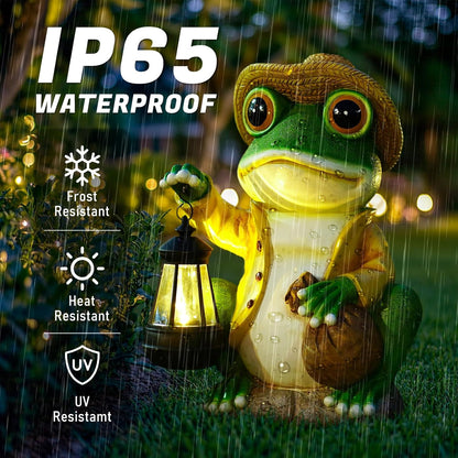 Large Frog Garden Statue, 13.3 Inches Tall, Resin Frog Decor with Solar Lantern for Outdoor Decoration and Housewarming