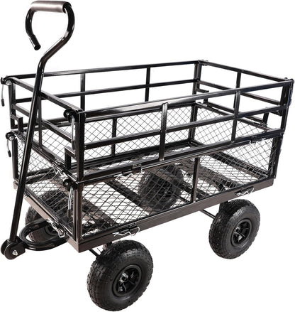 Heavy Duty Garden Wagon with Foldable Sides, Pneumatic Tires, Adjustable Handle (Black Double Layer)