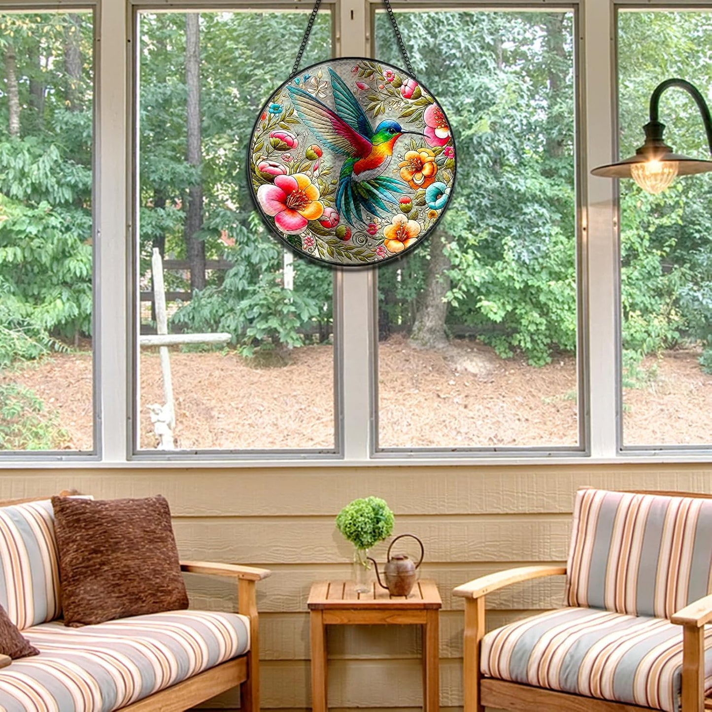 Hummingbird Suncatcher Stained Glass Window Hanging Original Design of 7.8''Hummingbirds Flowers for Sun Catchers Indoor Window Wall Art Home Decor Gift Painted Glass Panel