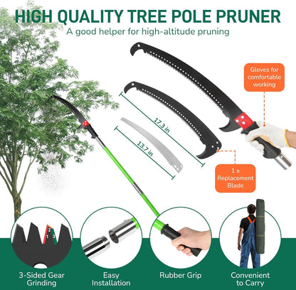 Outvita Manual Pole Saw, 24 Feet Extendable Tree Pruner with Knives and Storage Pocket, Sharp Steel Blade and Scissors High Branches Trimming for Pruning Palms and Shrubs(Green)