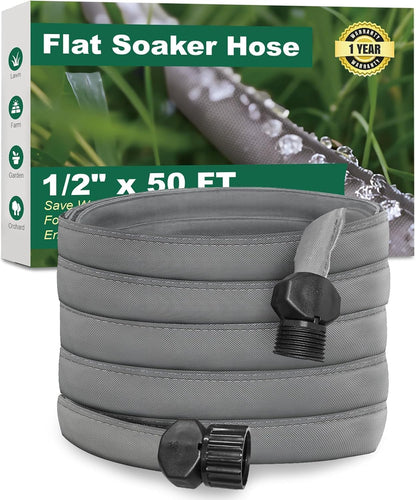 Flat Soaker Hose 50 ft for Garden Beds, Linkable Drip Irrigation Hose, Double-Layer PVC, Leakproof & Kink-Resistant, Even Seepage Saves up to 80% Water