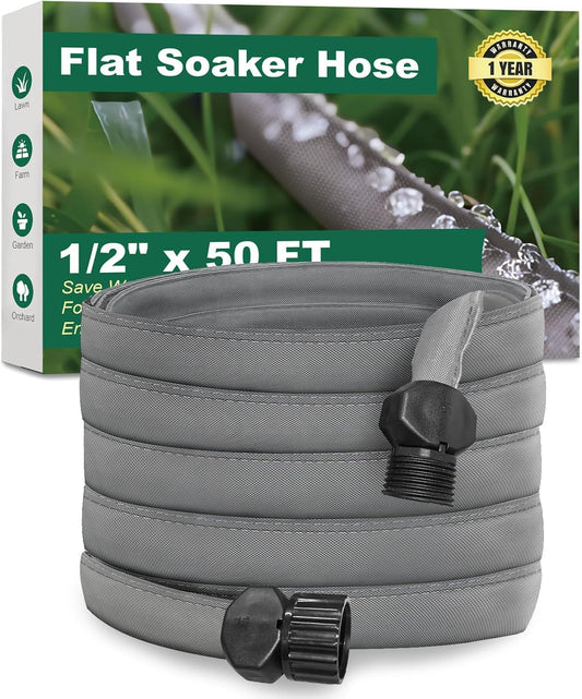Flat Soaker Hose 50 ft for Garden Beds, Linkable Drip Irrigation Hose, Double-Layer PVC, Leakproof & Kink-Resistant, Even Seepage Saves up to 80% Water