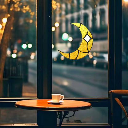 Moon Stained Glass Window Hanging Suncatchers，Handcrafted Art Glass Crescent Moon Decorations Indoor Window Gift for Women, Christmas,Thanksgiving (Yellow)