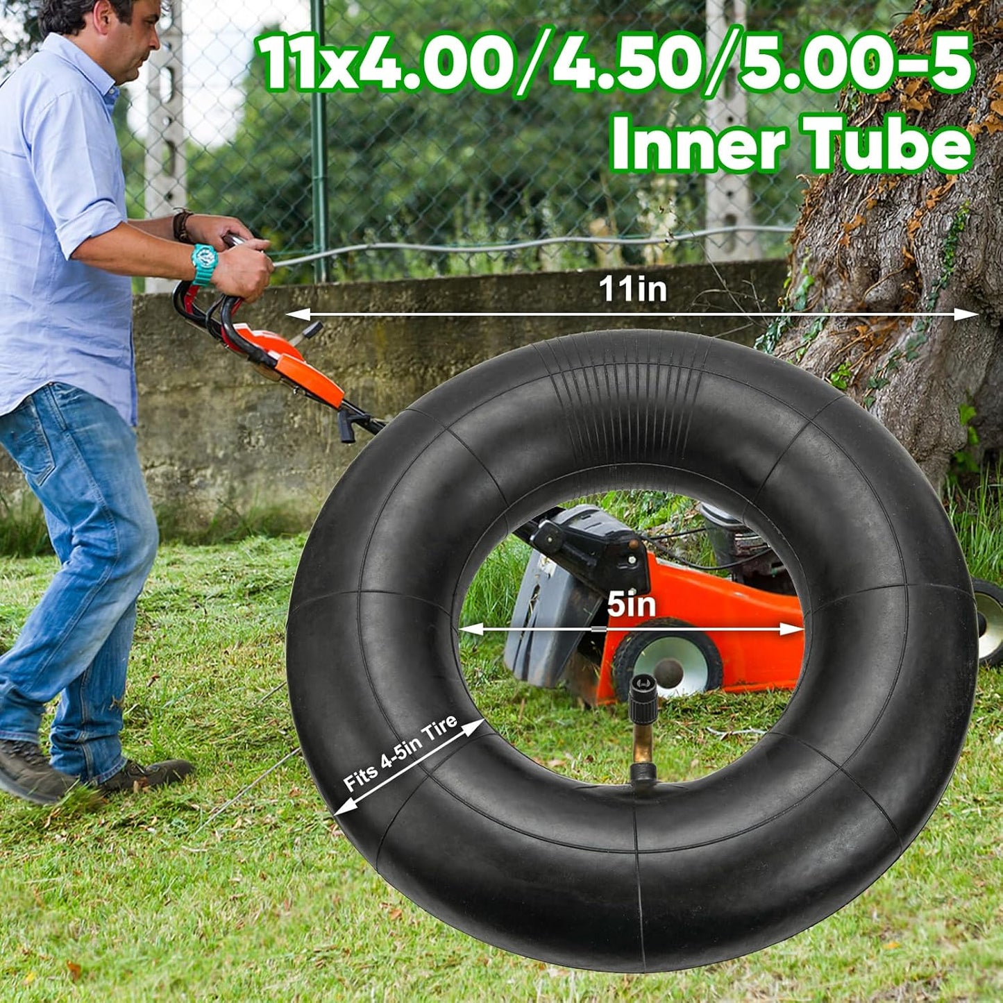 11x4.00-5 11x4.50-5 11x5.00-5 Inner Tubes, 2 Pack Heavy Duty Replacement Tire Inner Tubes with Bent Valve Stem for Wheelbarrows, Lawn Mowers, Hand Trucks, Trailers, Snow blowers, etc
