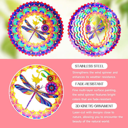 Dragonfly Mandala Wind Spinners Garden Yard Decor Gift for Women Men, 12 Inch Outdoor Metal 3D Wind Spinner, Stainless Steel Hanging Wind Catchers Kinetic Sculpture for Outside Decoration
