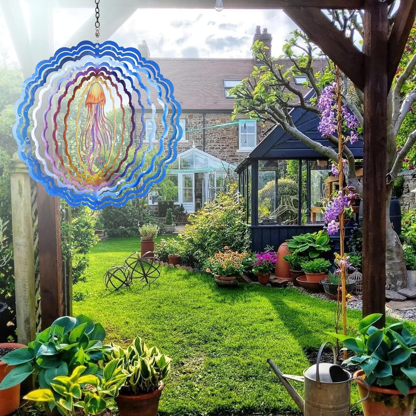 Jellyfish Wind Spinners, 12 inch 3D Stainless Steel Hanging Wind Spinner, Kinetic Sculpture, Blue, Marine Life, Garden Decor