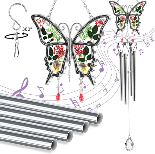 Butterflies Wind Chimes Glass Metal Real Flower and Multicolor 4 Tube Aluminum Windchime with S Hooks,Elegant Chime Outdoor, Garden,Balcony and Home Decoration with Wind Catcher Grandparent Day Gifts