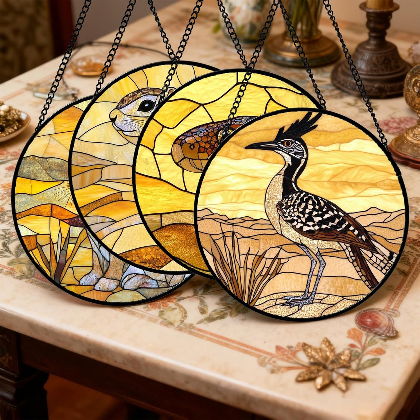 Stained Glass Window Hanging 4 Pcs Set Animals Large 15" - Desert Landscape Yellow Suncatcher Door Garden Sun Catcher Decor Birthday Christmas for Mom Woman Nana Men