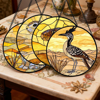 Stained Glass Window Hanging 4 Pcs Set Animals Large 11.8" - Desert Landscape Yellow Suncatcher Door Garden Sun Catcher Decor Birthday Christmas for Mom Woman Nana Men