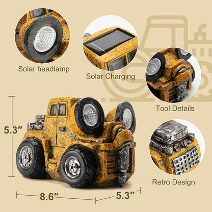 Garden Statue Outdoor Construction Vehicle Decor with Solar Light Decoration for Yard Patio Lawn Vintage Engineering Decor Gifts for Women